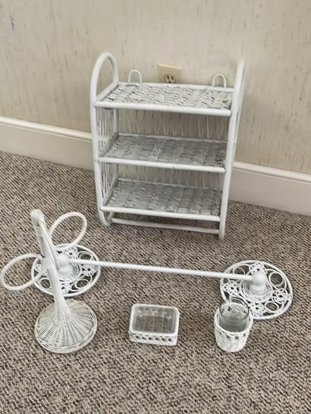 5 Piece White Wicker Three-Tier Shelf with Matching Bathroom Accessories